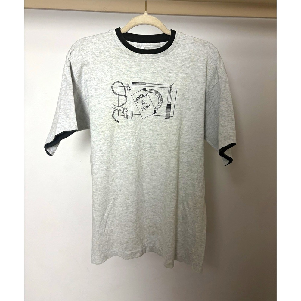 Vintage 90s Murder on the Menu Ringer T-Shirt Gray L Single Stitch